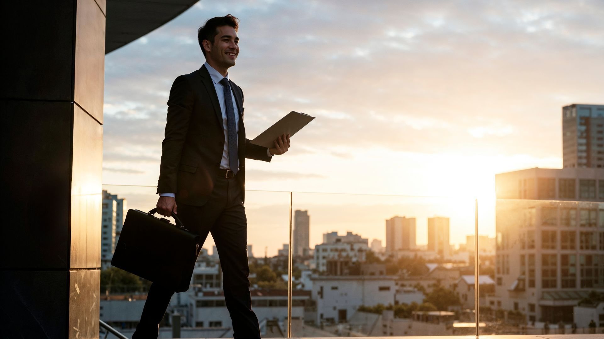 Business professional in Dubai walking with briefcase at sunrise
